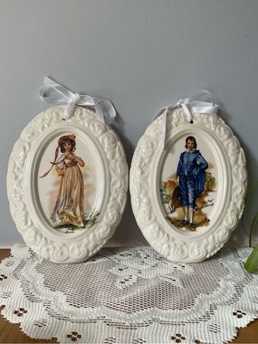 Vintage Pinky and Blue Boy Ceramic Wall Plaques Set of 2